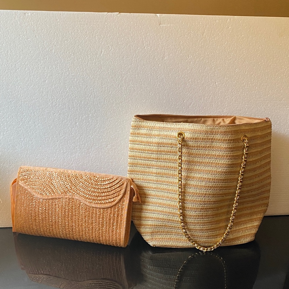 Elegant Tan and Gold Women's Clutch and Tote Set
